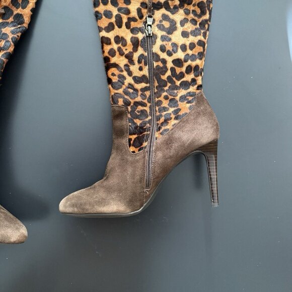 RALPH LAUREN Halina Brown Suede Leather Animal Hair Calf High Boots Heels Size 8 - Picture 4 of 14